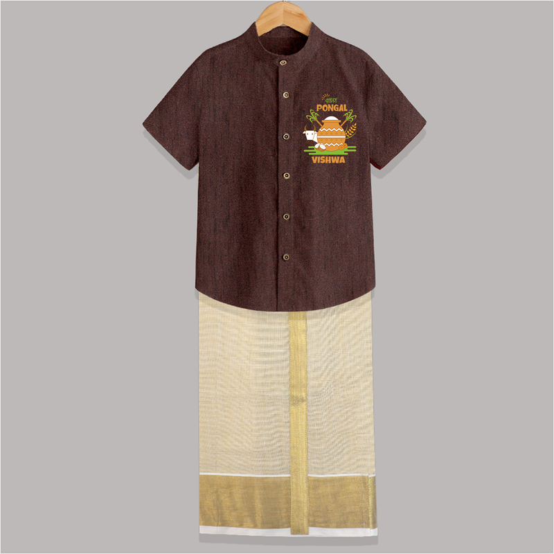 Happy Pongal - Celebrate Tradition Customized Shirt And Dhoti for Kids with Name - COFFEE BROWN - 0 - 6 Months Old (Chest-23") (Dhoti length-14")