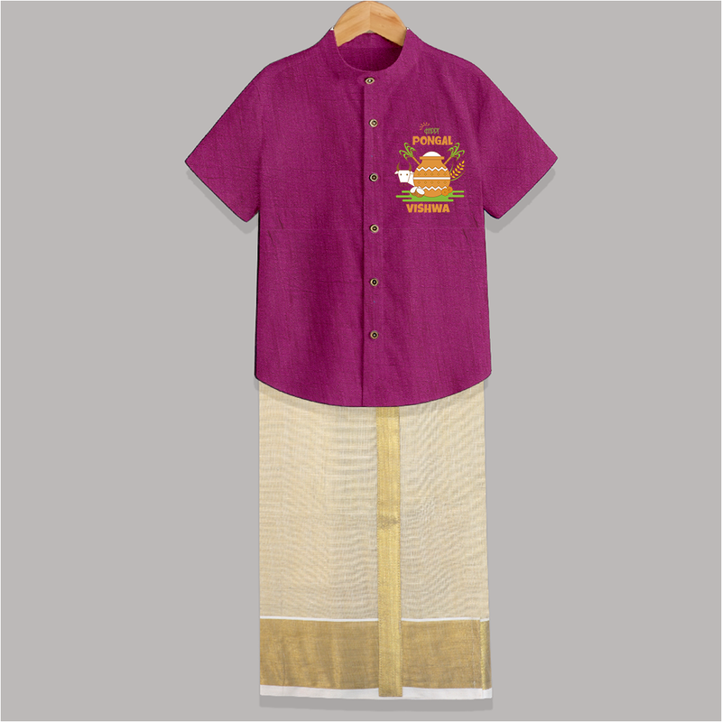 Happy Pongal - Celebrate Tradition Customized Shirt And Dhoti for Kids with Name - MAGENTA - 0 - 6 Months Old (Chest-23") (Dhoti length-14")