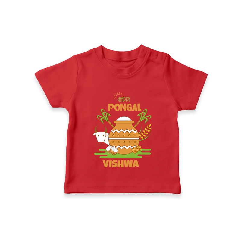 Happy Pongal - Celebrate Tradition Customized T-Shirt for Kids with Name - RED - 0-5 Months Old (Chest 17")