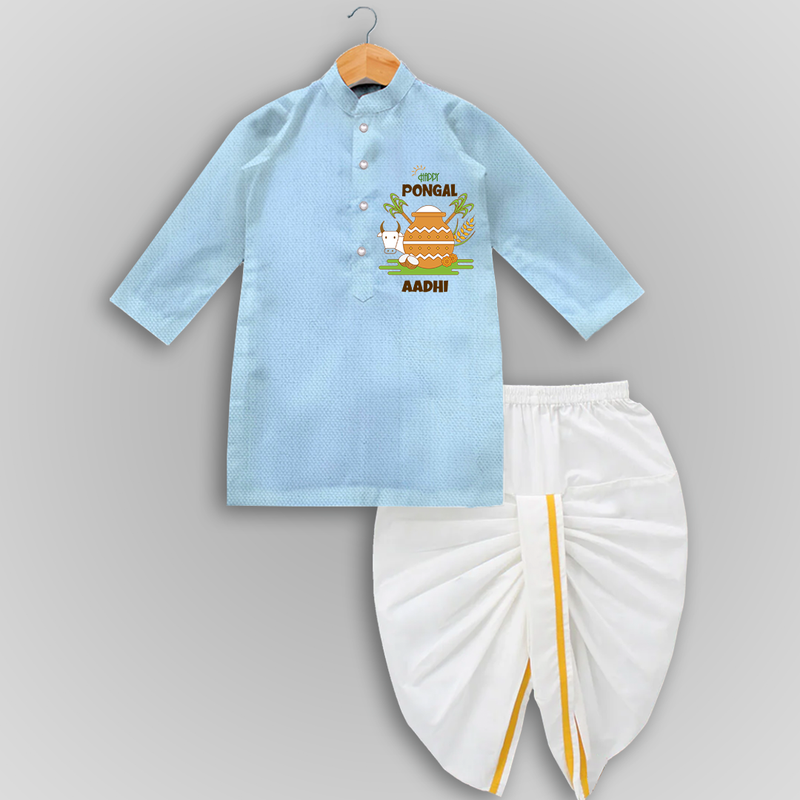 Happy Pongal - Celebrate Tradition Customized Drapped Dhoti for Kids with Name - SKY BLUE - 0 - 6 Month Old (Chest 24", Kurta Length 14" , Waist 19", Dhoti Length 14")