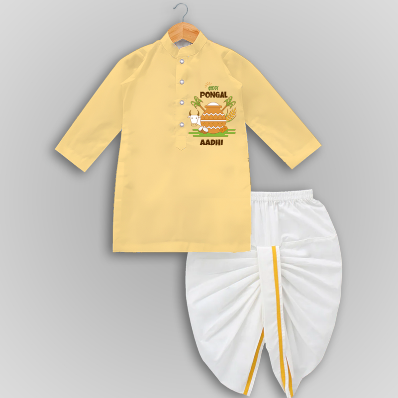 Happy Pongal - Celebrate Tradition Customized Drapped Dhoti for Kids with Name - YELLOW - 0 - 6 Month Old (Chest 24", Kurta Length 14" , Waist 19", Dhoti Length 14")