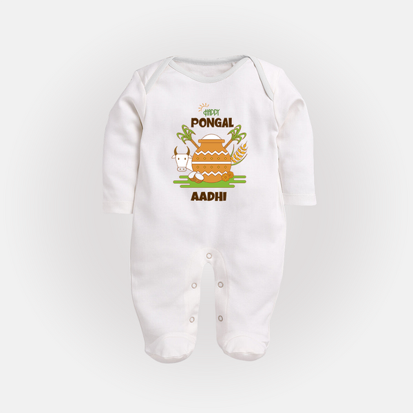 Happy Pongal - Celebrate Tradition Customized Sleep Suit for Babies with Name - WHITE - New Born (Chest 7.5")