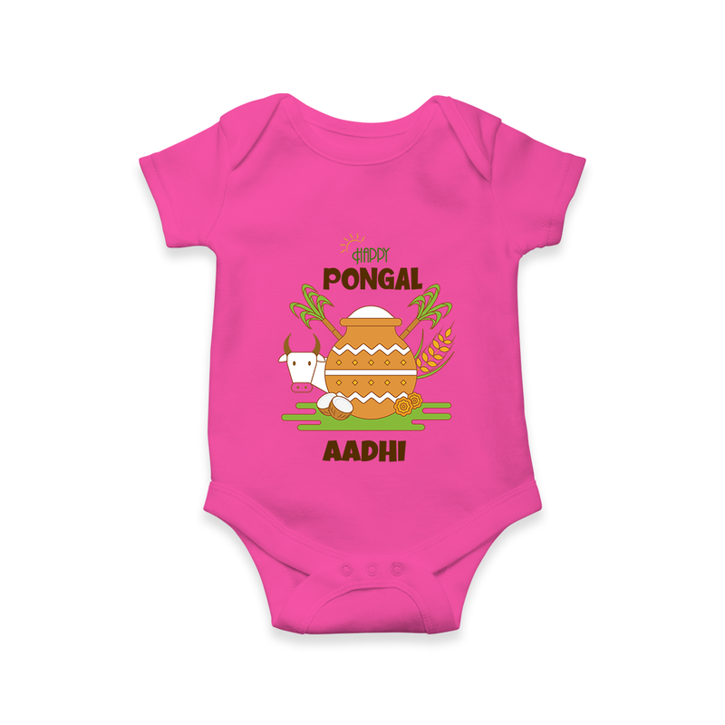 Happy Pongal - Celebrate Tradition Customized Romper for Babies with Name - HOT PINK - 0 - 3 Months Old (Chest 16")