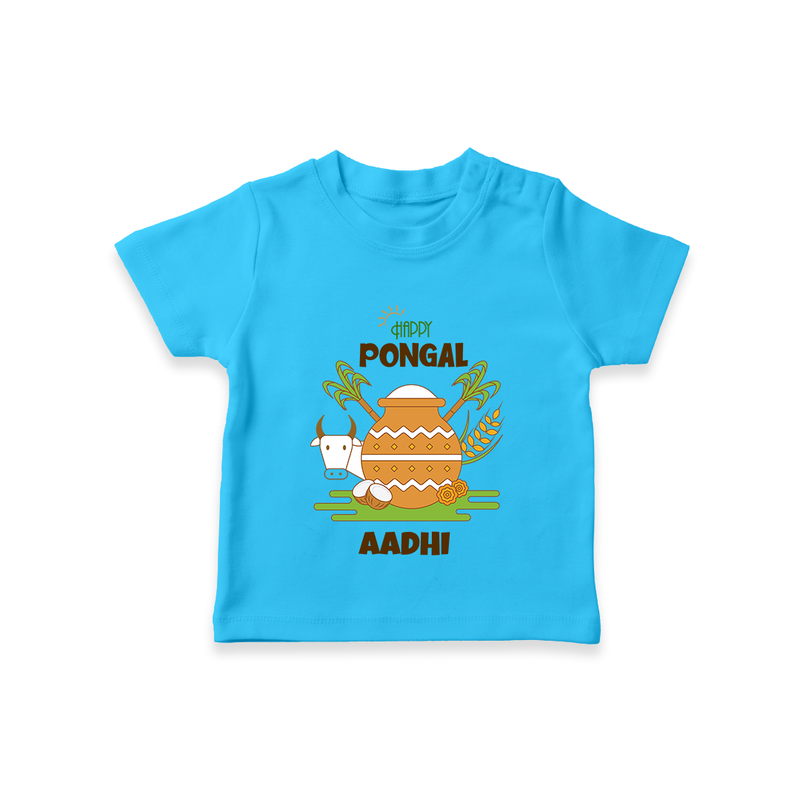 Happy Pongal - Celebrate Tradition Customized T-Shirt for Kids with Name - SKY BLUE - 0-5 Months Old (Chest 17")