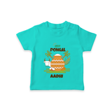 Happy Pongal - Celebrate Tradition Customized T-Shirt for Kids with Name - TEAL - 0-5 Months Old (Chest 17")