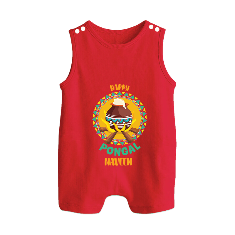 Happy Pongal - Cultural Fest Customized Romper Suit for Babies with Name - RED - 0 - 5 Months Old (Chest 18")