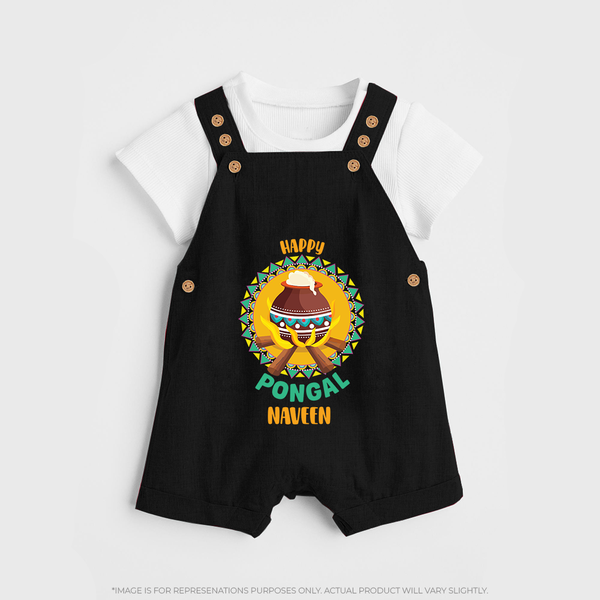 Happy Pongal - Cultural Fest Customized Dungaree Set for Kids with Name - BLACK - 0 - 5 Months Old (Chest 18")