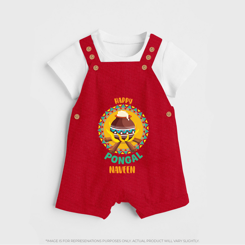 Happy Pongal - Cultural Fest Customized Dungaree Set for Kids with Name - RED - 0 - 5 Months Old (Chest 18")