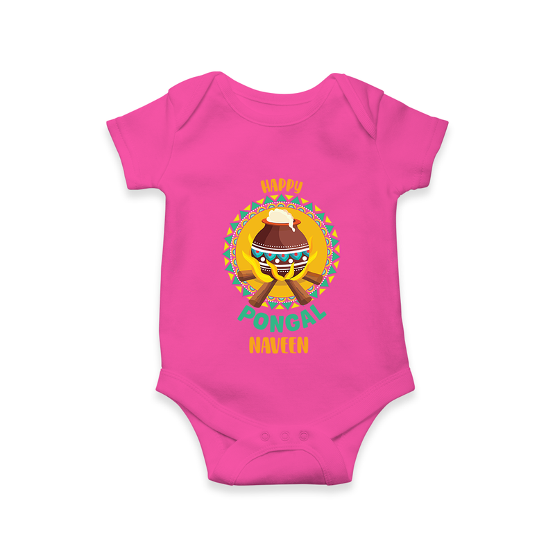 Happy Pongal - Cultural Fest Customized Romper for Babies with Name - HOT PINK - 0 - 3 Months Old (Chest 16")