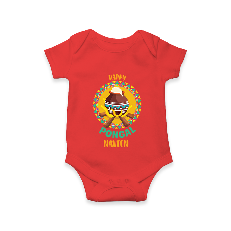 Happy Pongal - Cultural Fest Customized Romper for Babies with Name - RED - 0 - 3 Months Old (Chest 16")