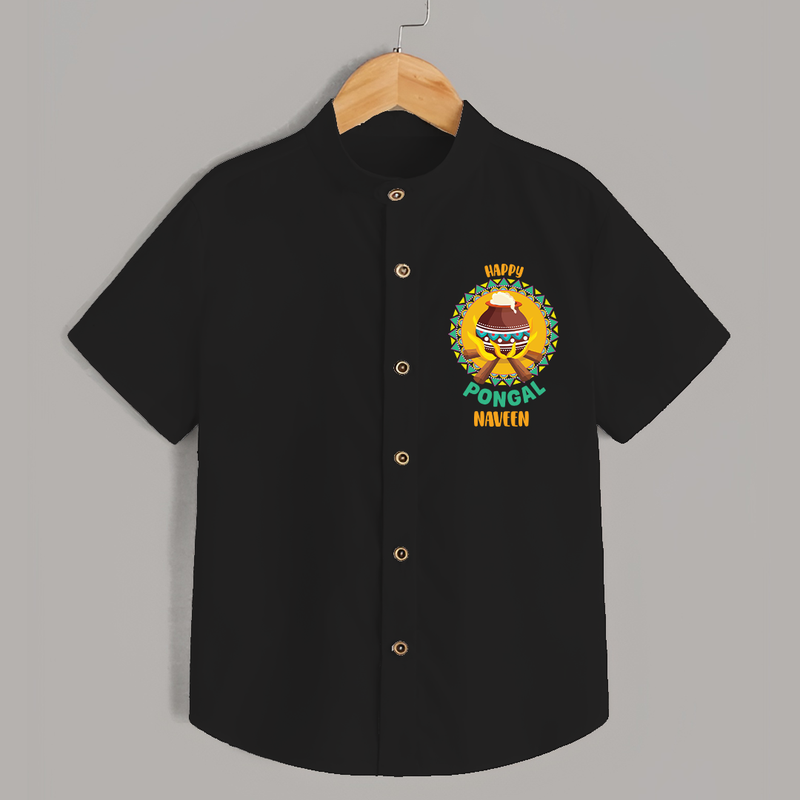 Happy Pongal - Cultural Fest Customized Shirt for Kids with Name - BLACK - 0 - 6 Months Old (Chest 23")