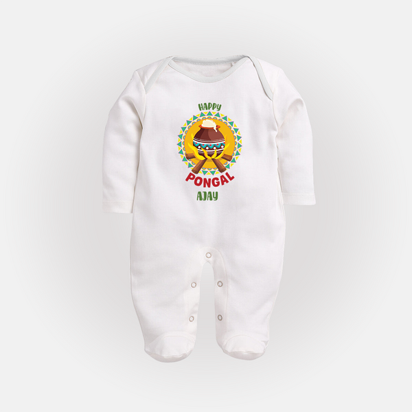 Happy Pongal - Cultural Fest Customized Sleep Suit for Babies with Name - WHITE - New Born (Chest 7.5")