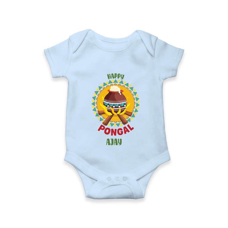 Happy Pongal - Cultural Fest Customized Romper for Babies with Name - BABY BLUE - 0 - 3 Months Old (Chest 16")