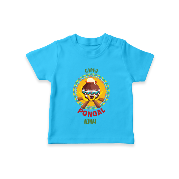 Happy Pongal - Cultural Fest Customized T-Shirt for Kids with Name - SKY BLUE - 0-5 Months Old (Chest 17")