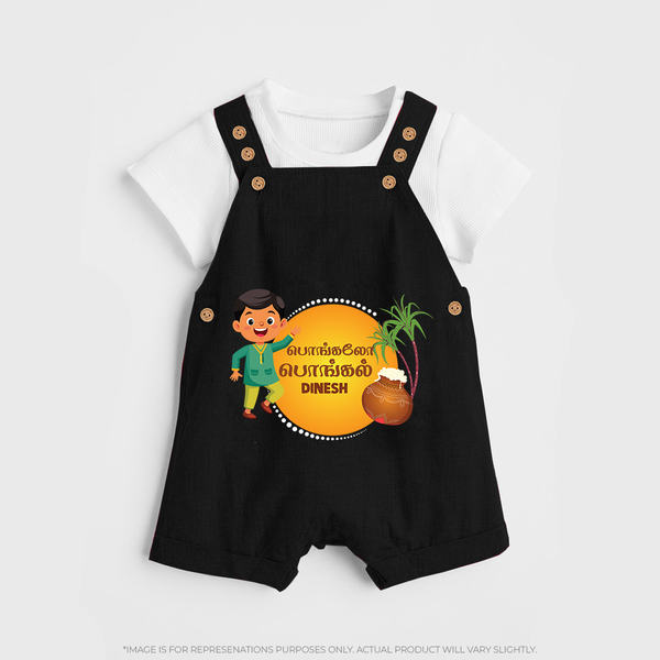 Pongalo Pongal - Festival Vibes Customized Dungaree Set for Kids with Name - BLACK - 0 - 5 Months Old (Chest 18")