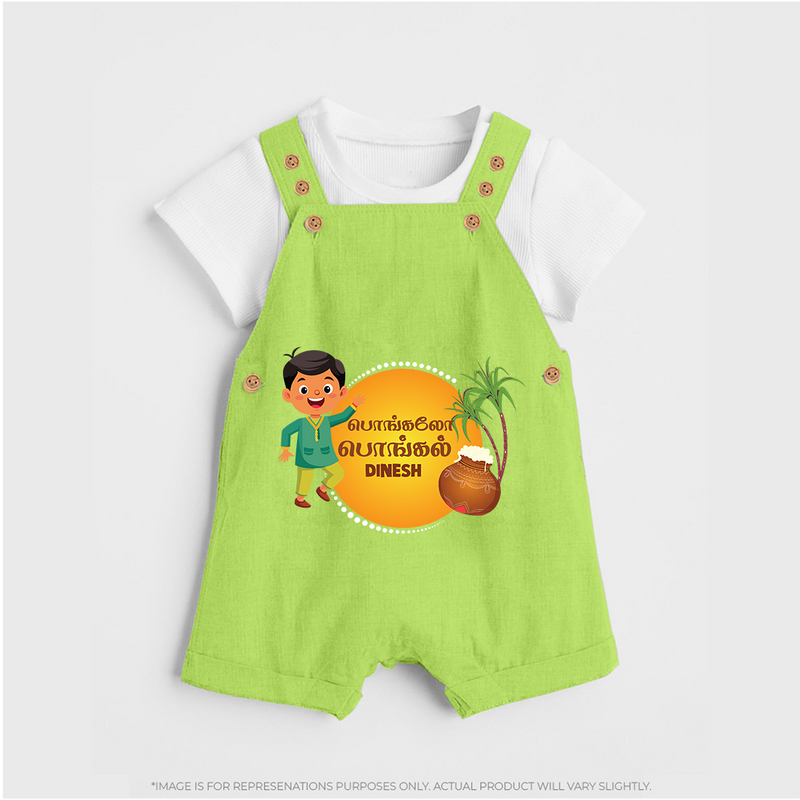 Pongalo Pongal - Festival Vibes Customized Dungaree Set for Kids with Name - GREEN - 0 - 5 Months Old (Chest 18")