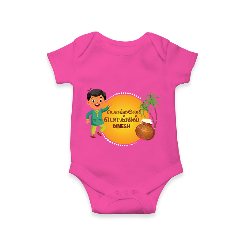 Pongalo Pongal - Festival Vibes Customized Romper for Babies with Name - HOT PINK - 0 - 3 Months Old (Chest 16")