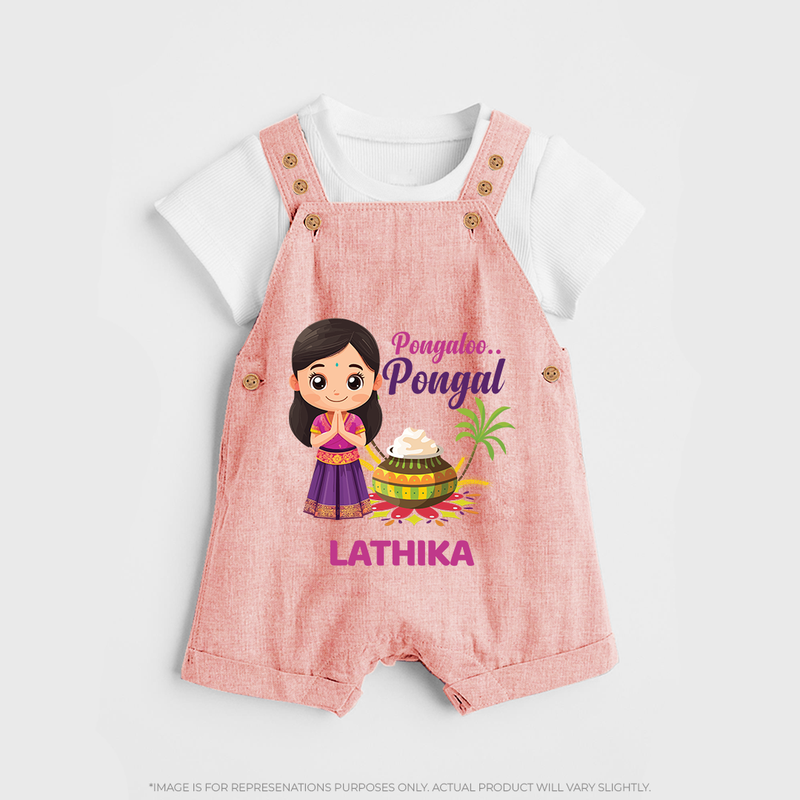 Pongalo Pongal - Little Traditions Customized Dungaree Set for Kids with Name - PEACH - 0 - 5 Months Old (Chest 18")