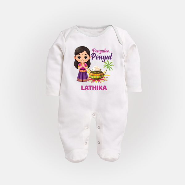 Pongalo Pongal - Little Traditions Customized Sleep Suit for Babies with Name - WHITE - New Born (Chest 7.5")