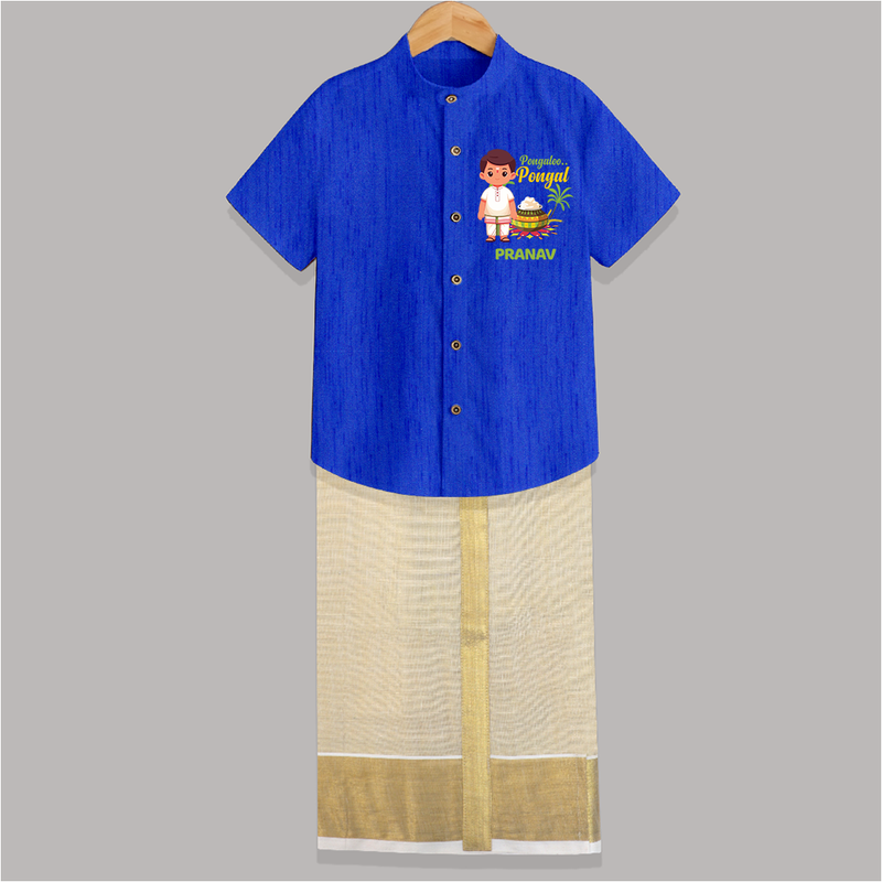 Pongalo Pongal - Village Vibes Customized Shirt And Dhoti for Kids with Name - ROYAL BLUE - 0 - 6 Months Old (Chest-23") (Dhoti length-14")