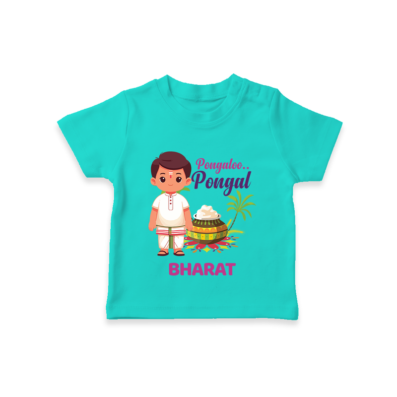 Pongalo Pongal - Village Vibes Customized T-Shirt for Kids with Name - TEAL - 0-5 Months Old (Chest 17")