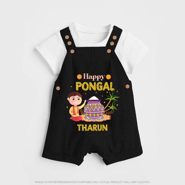 Happy Pongal - Celebrating Culture Customized Dungaree Set for Kids with Name - BLACK - 0 - 5 Months Old (Chest 18")