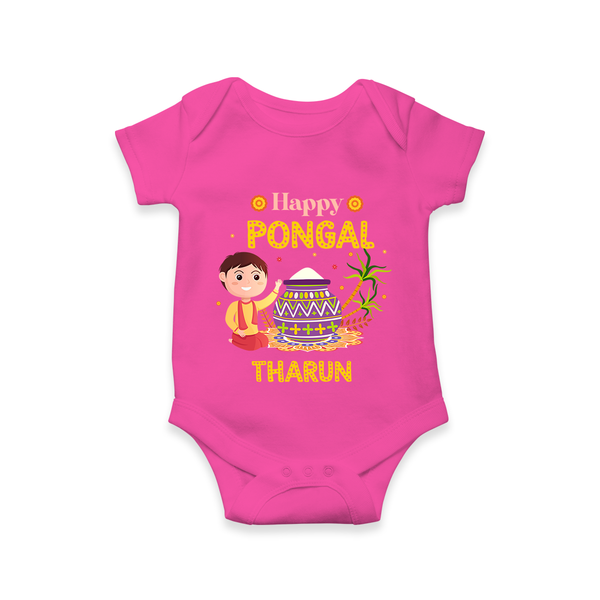 Happy Pongal - Celebrating Culture Customized Romper for Babies with Name - HOT PINK - 0 - 3 Months Old (Chest 16")