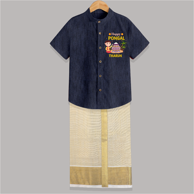 Happy Pongal - Celebrating Culture Customized Shirt And Dhoti for Kids with Name - DARK BLUE - 0 - 6 Months Old (Chest-23") (Dhoti length-14")