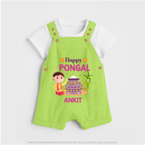 Happy Pongal - Celebrating Culture Customized Dungaree Set for Kids with Name - GREEN - 0 - 5 Months Old (Chest 18")