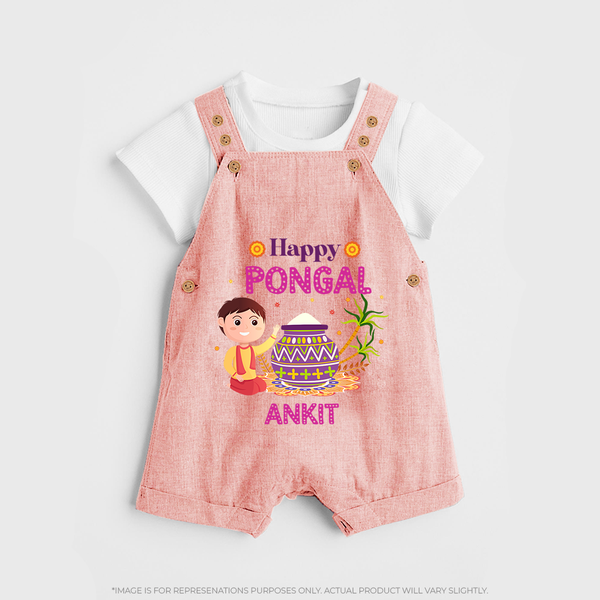 Happy Pongal - Celebrating Culture Customized Dungaree Set for Kids with Name - PEACH - 0 - 5 Months Old (Chest 18")