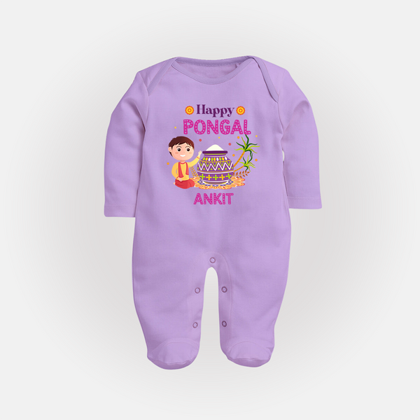 Happy Pongal - Celebrating Culture Customized Sleep Suit for Babies with Name - LILAC - New Born (Chest 7.5")