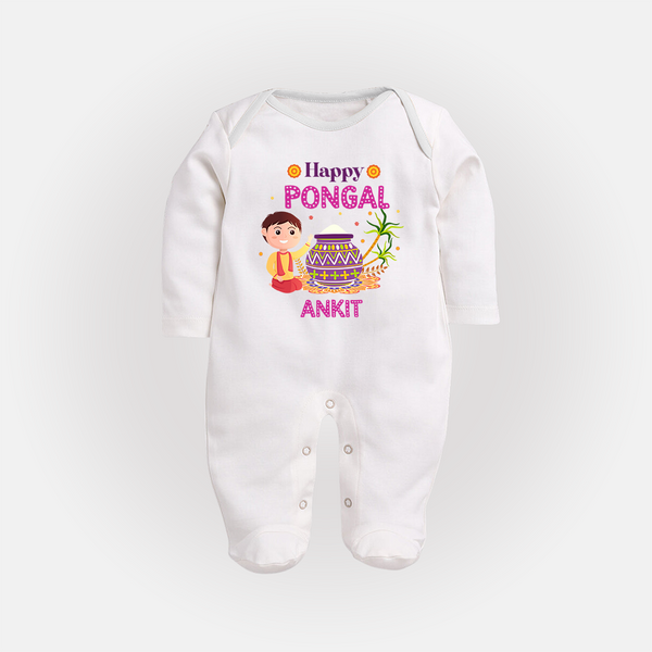 Happy Pongal - Celebrating Culture Customized Sleep Suit for Babies with Name - WHITE - New Born (Chest 7.5")