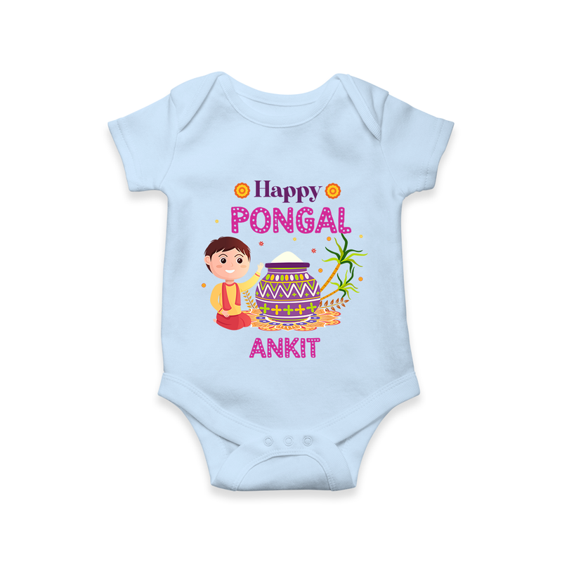 Happy Pongal - Celebrating Culture Customized Romper for Babies with Name - BABY BLUE - 0 - 3 Months Old (Chest 16")