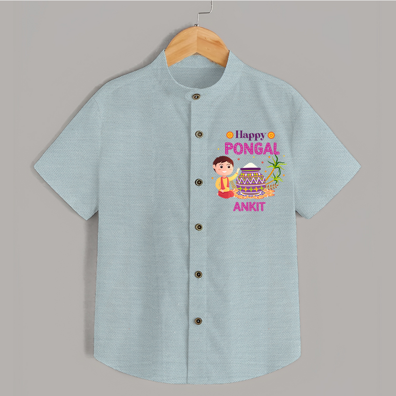 Happy Pongal - Celebrating Culture Customized Shirt for Kids with Name - ARCTIC BLUE - 0 - 6 Months Old (Chest 23")