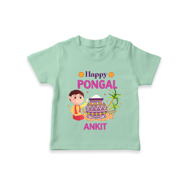 Happy Pongal - Celebrating Culture Customized T-Shirt for Kids with Name - MINT GREEN - 0-5 Months Old (Chest 17")