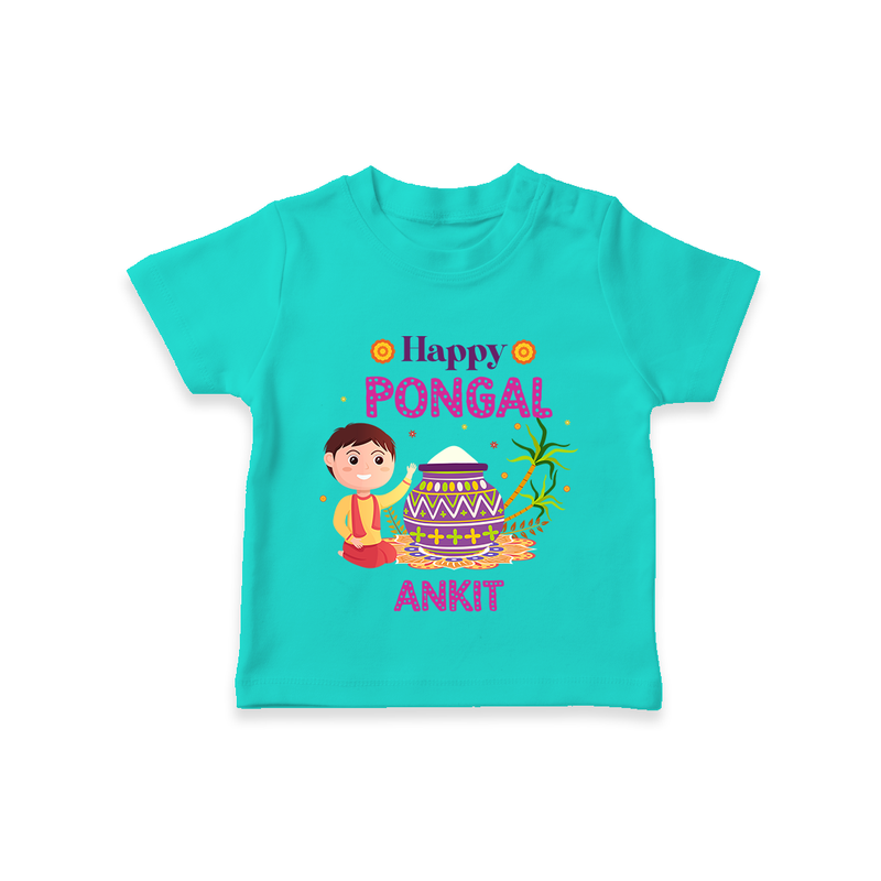 Happy Pongal - Celebrating Culture Customized T-Shirt for Kids with Name - TEAL - 0-5 Months Old (Chest 17")