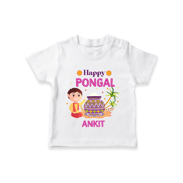 Happy Pongal - Celebrating Culture Customized T-Shirt for Kids with Name - WHITE - 0-5 Months Old (Chest 17")