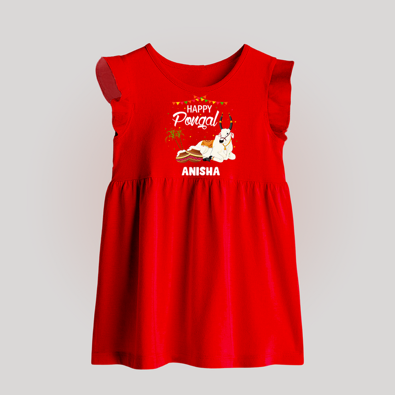 Happy Pongal - Little Bull Tamer Themed Customized Baby Frock for Babies - RED - 0 - 3 Months Old (Chest 17")