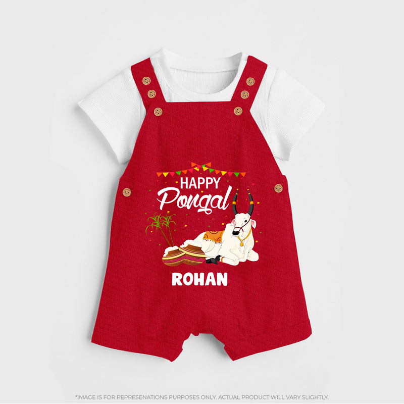 Happy Pongal - Little Bull Tamer Themed Customized Dungaree Set for Kids - RED - 0 - 5 Months Old (Chest 18")