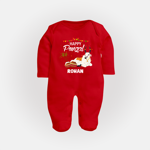 Happy Pongal - Little Bull Tamer Themed Customized Sleep Suit for Babies - RED - New Born (Chest 7.5")