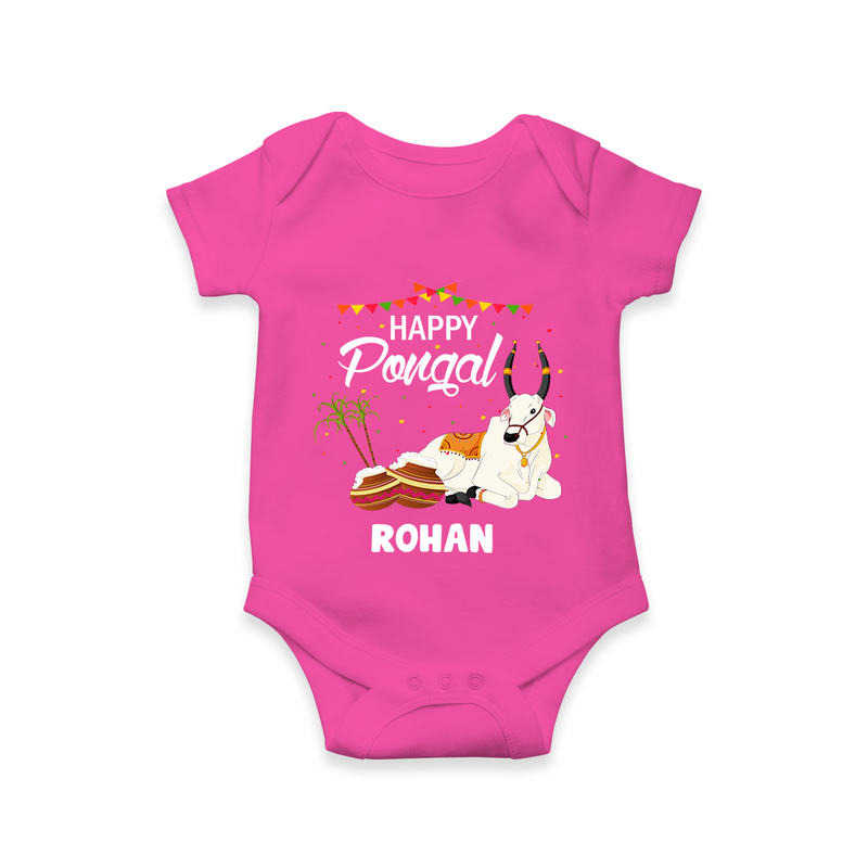 Happy Pongal - Little Bull Tamer Themed Customized Romper for Babies - HOT PINK - 0 - 3 Months Old (Chest 16")