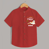 Happy Pongal - Little Bull Tamer Themed Customized Shirt for Kids - RED - 0 - 6 Months Old (Chest 23")