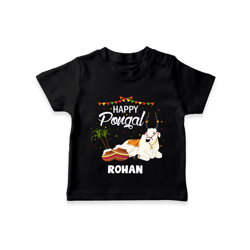 Happy Pongal - Little Bull Tamer Themed Customized T-Shirt for Kids - BLACK - 0-5 Months Old (Chest 17")