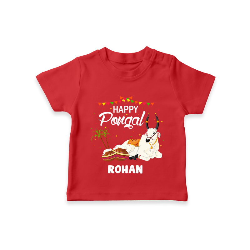 Happy Pongal - Little Bull Tamer Themed Customized T-Shirt for Kids - RED - 0-5 Months Old (Chest 17")