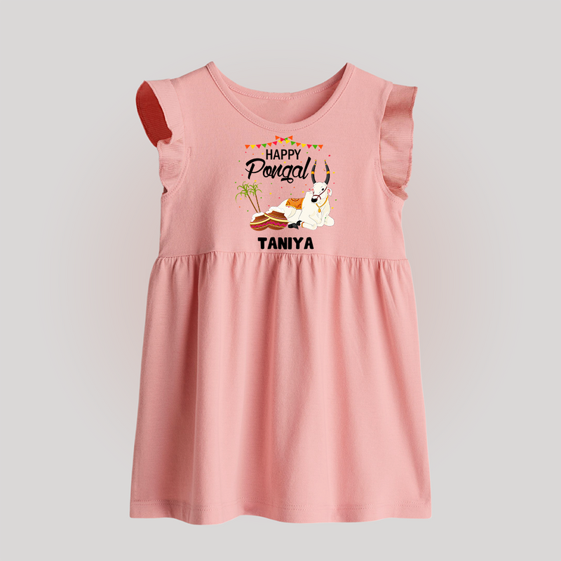 Happy Pongal - Little Bull Tamer Themed Customized Baby Frock for Babies - BABY PINK - 0 - 3 Months Old (Chest 17")