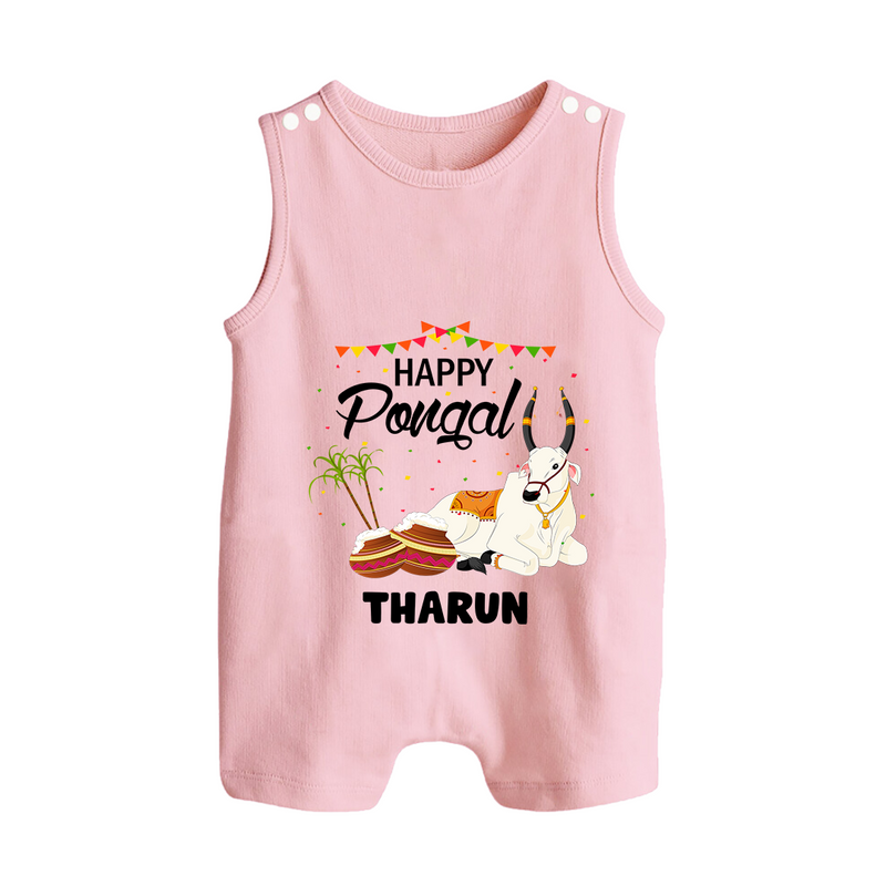 Happy Pongal - Little Bull Tamer Themed Customized Romper Suit for Babies - BABY PINK - 0 - 5 Months Old (Chest 18")