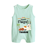 Happy Pongal - Little Bull Tamer Themed Customized Romper Suit for Babies - MINT GREEN - 0 - 5 Months Old (Chest 18")