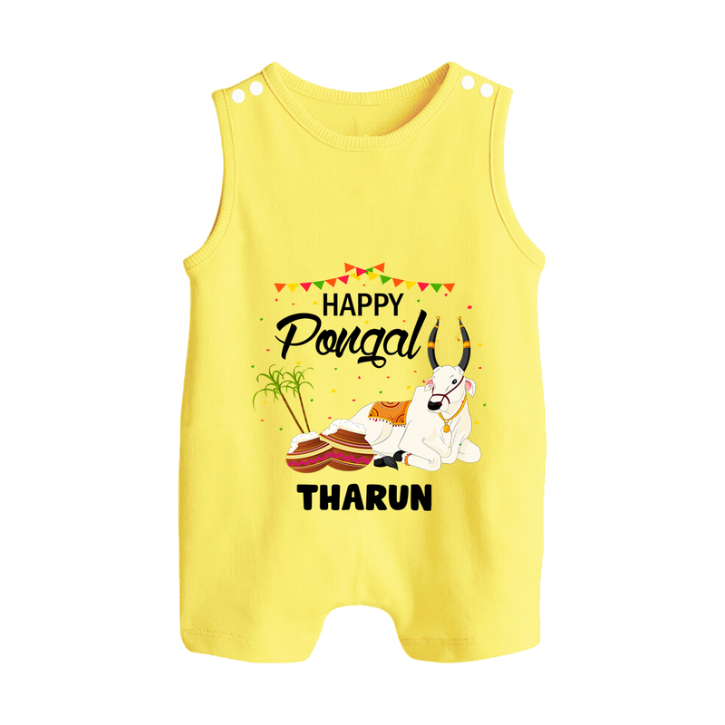 Happy Pongal - Little Bull Tamer Themed Customized Romper Suit for Babies - PASTEL YELLOW - 0 - 5 Months Old (Chest 18")