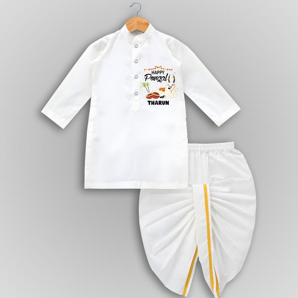 Happy Pongal - Little Bull Tamer Themed Customized Drapped Dhoti for Kids - WHITE - 0 - 6 Month Old (Chest 24", Kurta Length 14" , Waist 19", Dhoti Length 14")