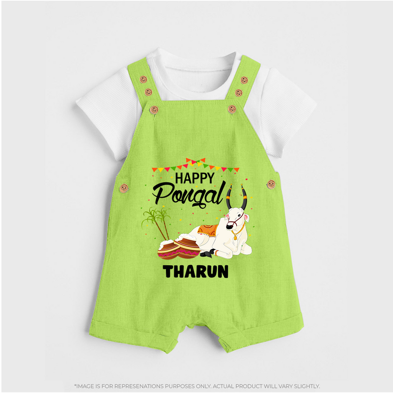 Happy Pongal - Little Bull Tamer Themed Customized Dungaree Set for Kids - GREEN - 0 - 5 Months Old (Chest 18")